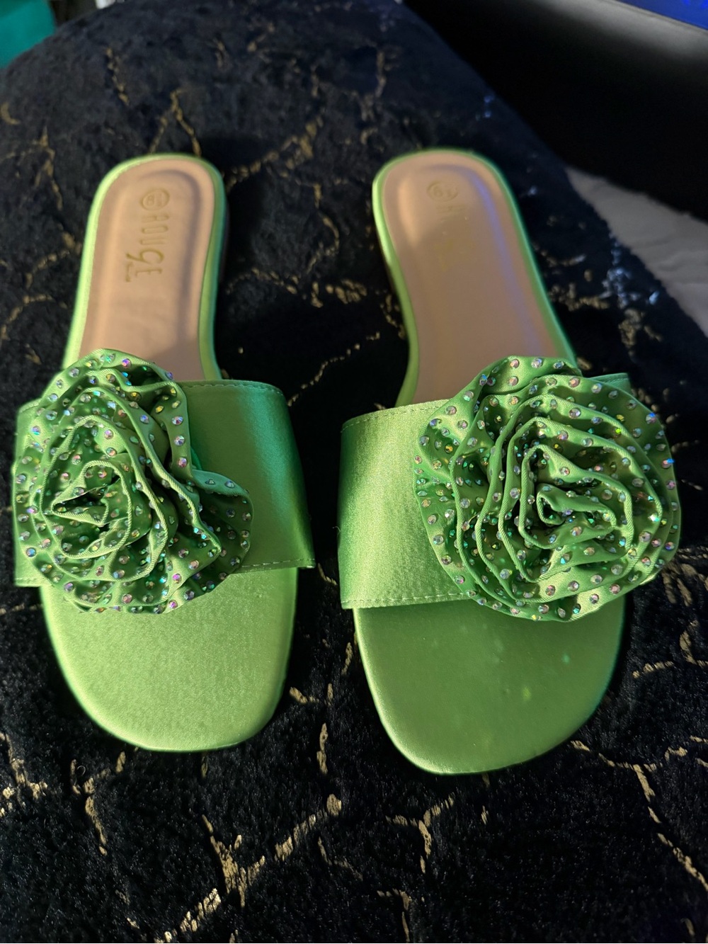 Green Floral Jewel Slide Sandals - Women